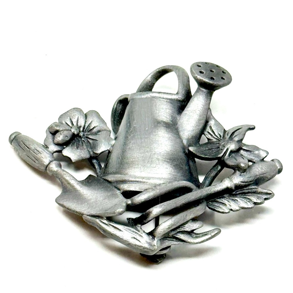Signed AJC Matte Pewter Gardening Tools Flowers Watering Can Brooch Pin